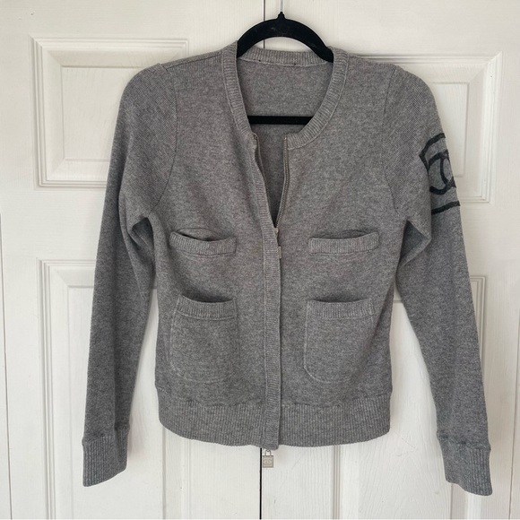 CHANEL Sweaters - CHANEL 100% Wool Grey Zip Up Logo Sweater Jacket Small